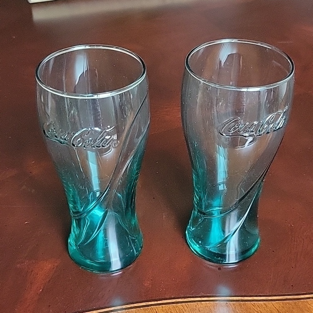 SET of 2 Coca Cola Teal Green Glass Tumblers, 12oz Drinking Glasses